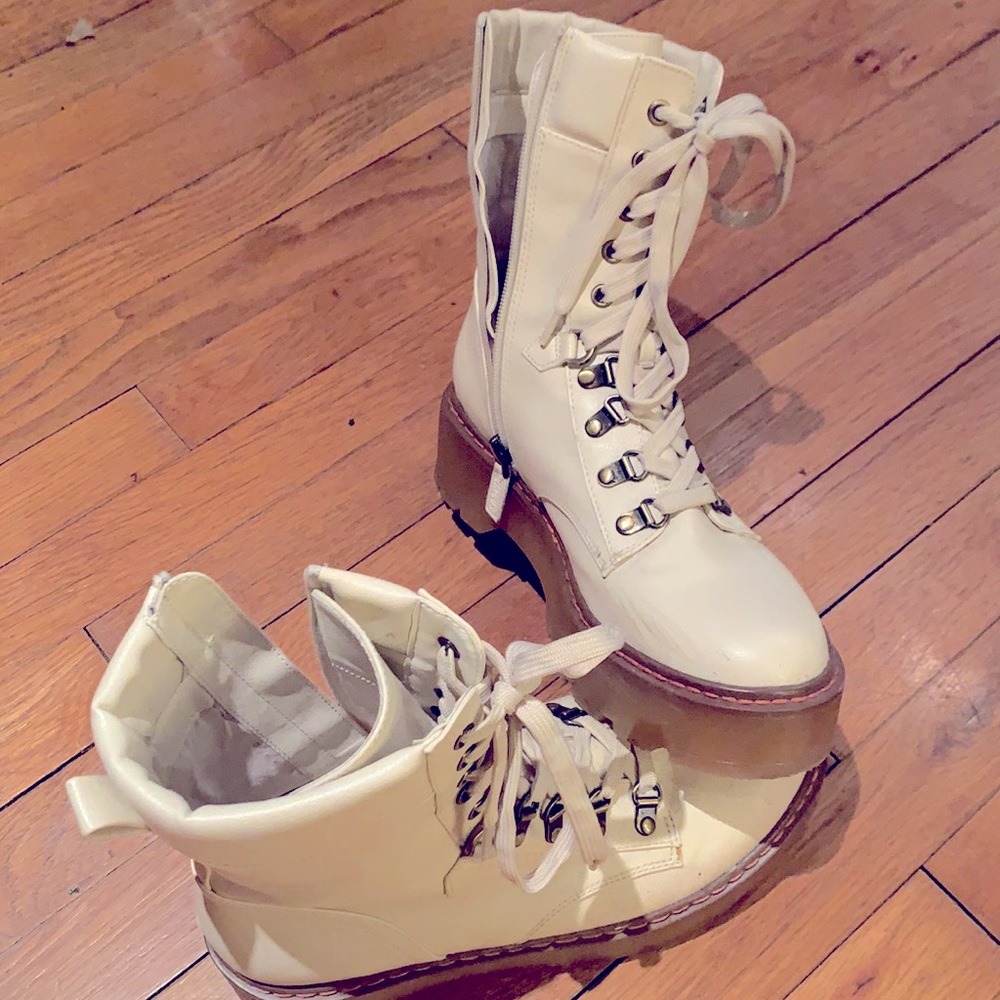Cream with orange stitching platform military boots